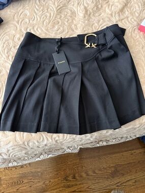Pinko Black Pleated Mini Skirt with Gold Buckle Accent